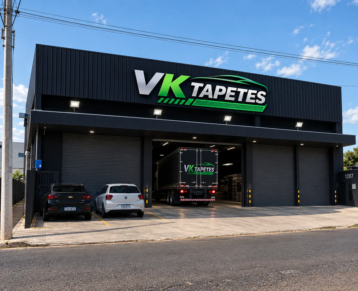 Galpao da VK Tapetes - fachada com a logo iluminada